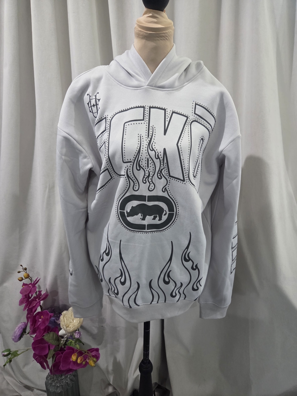 Y2K Ecko Unlimited Light Gray Crewneck Hoodie with Dark Gray Graphic Flames